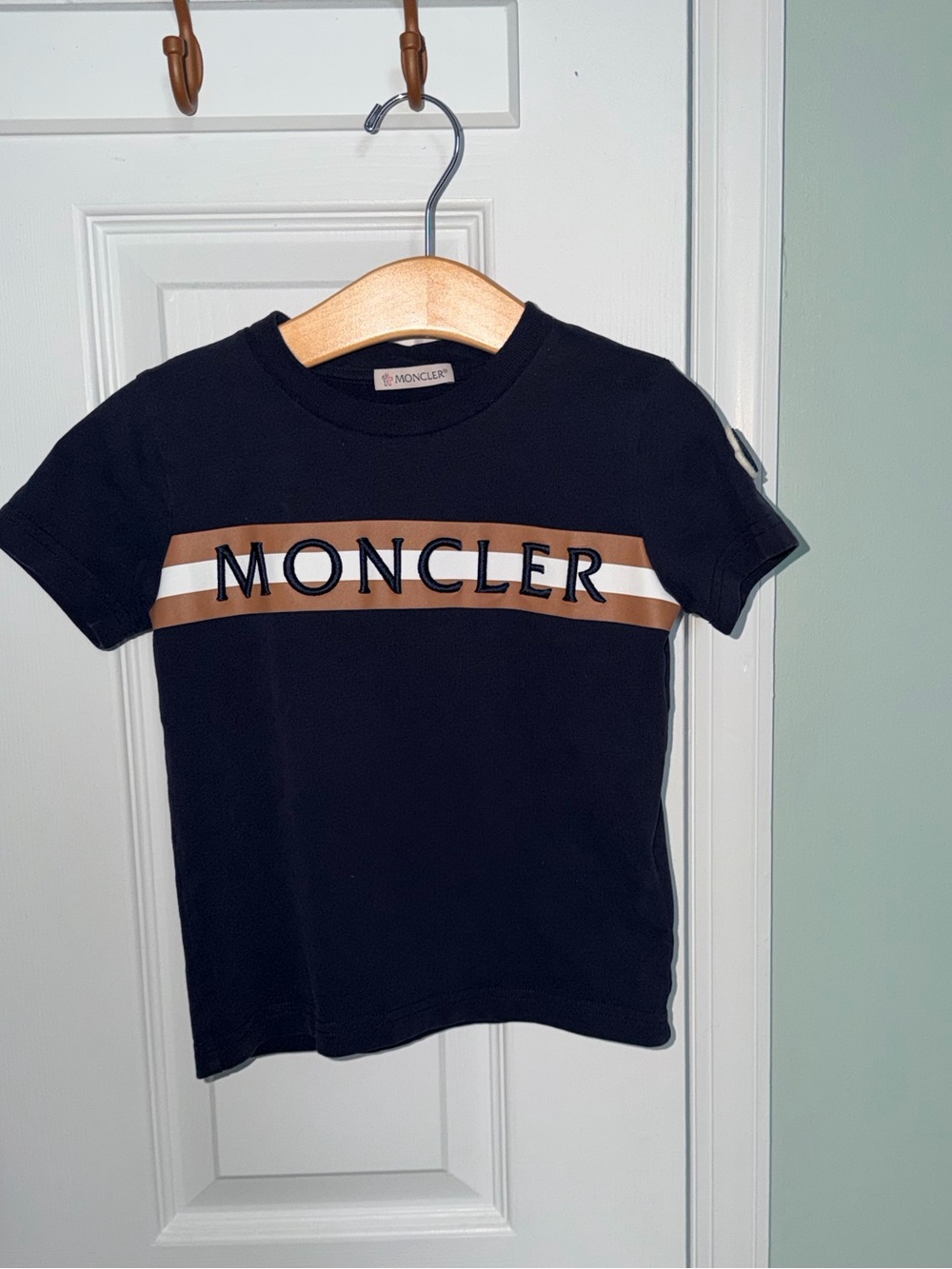 Moncler Kids Black Logo Stripe Tee size 4